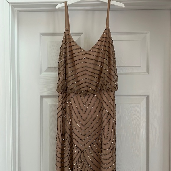 Adrianna Papell Art Deco Beaded Blouson Gown in Taupe Pink - Picture 5 of 9